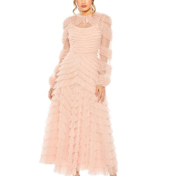 Mac Duggal Dresses & Skirts - Mac Duggal High Neck Puff Long Sleeve Ruffle Tiered Gown
